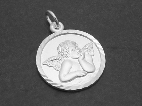 Sterling Silber Anhänger mit einem Engel im Diamantschliff, hergestellt von Juwelier Harnisch, zeigt einen sitzenden Engel mit Flügeln in einem runden Rahmen.