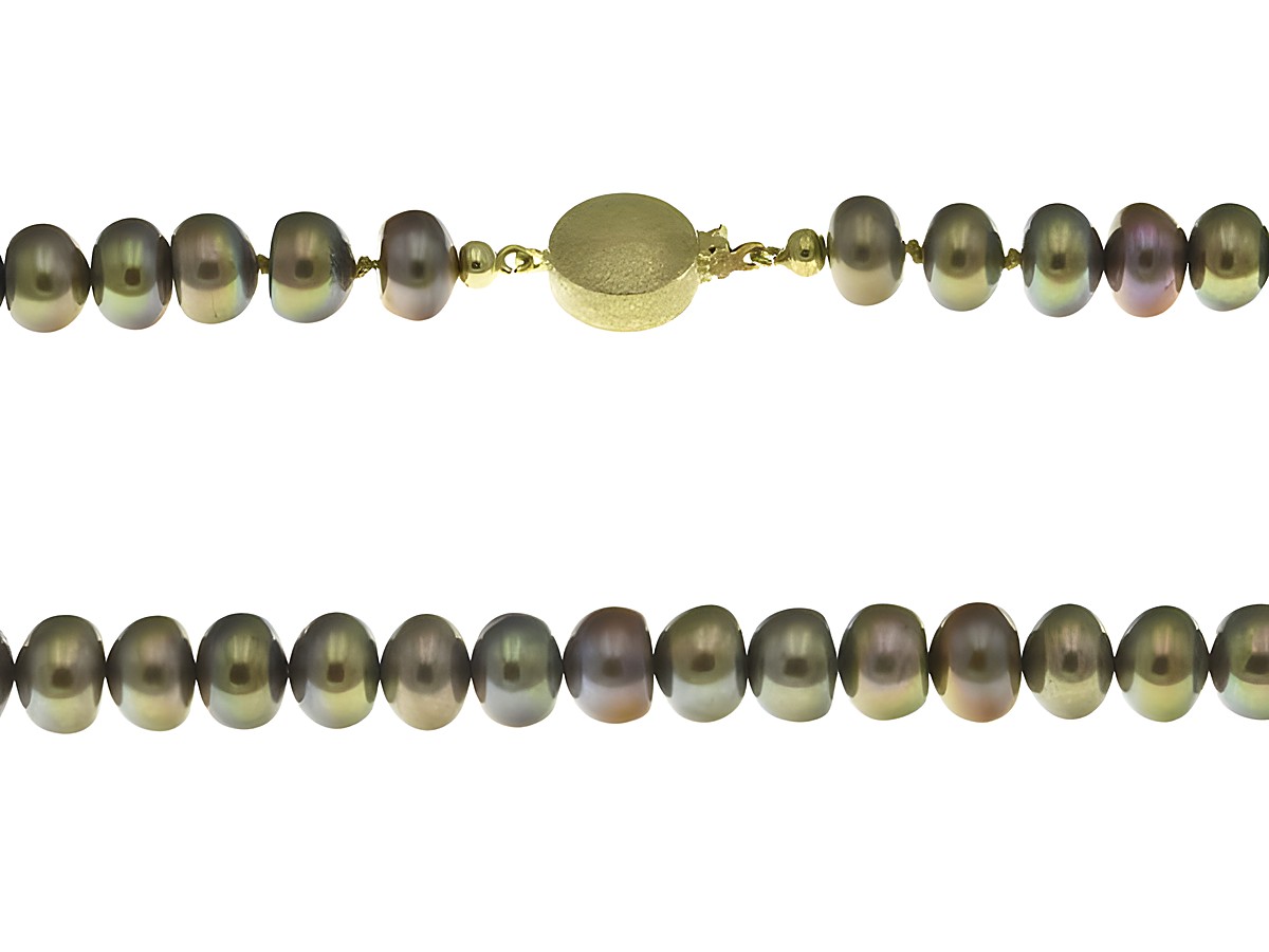 Perlenkette 45 cm in Braun und Grün aus Süßwasser Zuchtperlen, gefertigt vom Juwelier Harnisch, mit einem goldenen Verschluss und bunten, schimmernden Perlen.