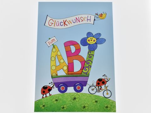 Eine bunte Glückwunschkarte zum ABI mit einem farbenfrohen Fahrzeug, Marienkäfern und einer Blume auf grünem Hintergrund. Text in fröhlichen Buchstaben und Ballonmotiv. Hersteller: Juwelier Harnisch.