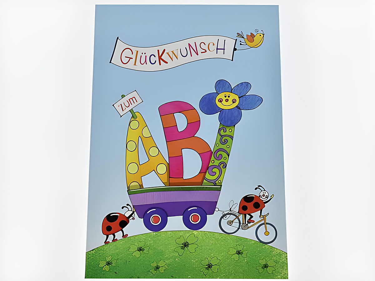 Eine bunte Glückwunschkarte zum ABI mit einem farbenfrohen Fahrzeug, Marienkäfern und einer Blume auf grünem Hintergrund. Text in fröhlichen Buchstaben und Ballonmotiv. Hersteller: Juwelier Harnisch.