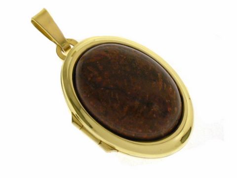 Chrysanthemenstein Medaillon Cabochon in Gold 333, gefertigt von Juwelier Harnisch, ovaler Anhänger mit dunklem, glattem Stein und goldfarbener Fassung. Elegantes Schmuckstück.