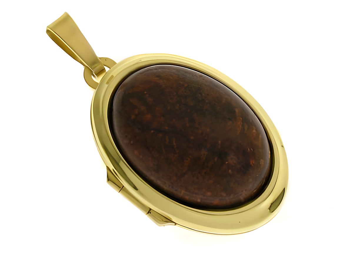 Chrysanthemenstein Medaillon Cabochon in Gold 333, gefertigt von Juwelier Harnisch, ovaler Anhänger mit dunklem, glattem Stein und goldfarbener Fassung. Elegantes Schmuckstück.