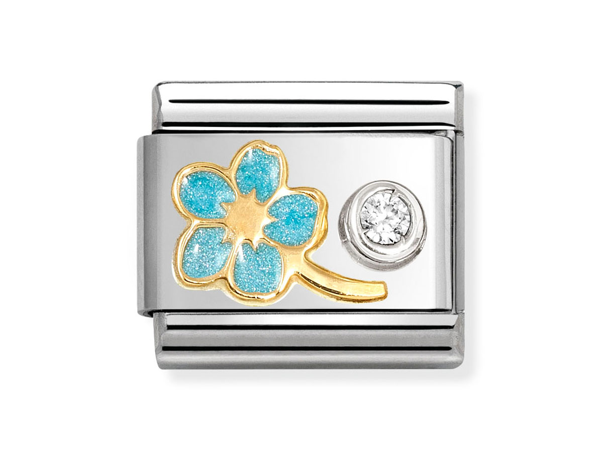 Elegantes Charm aus Sterling Silber mit einem hellblauen Vergissmeinnicht aus Emaille in Gelbgold und einem Zirkonia, perfekt für individuelle Armbänder.