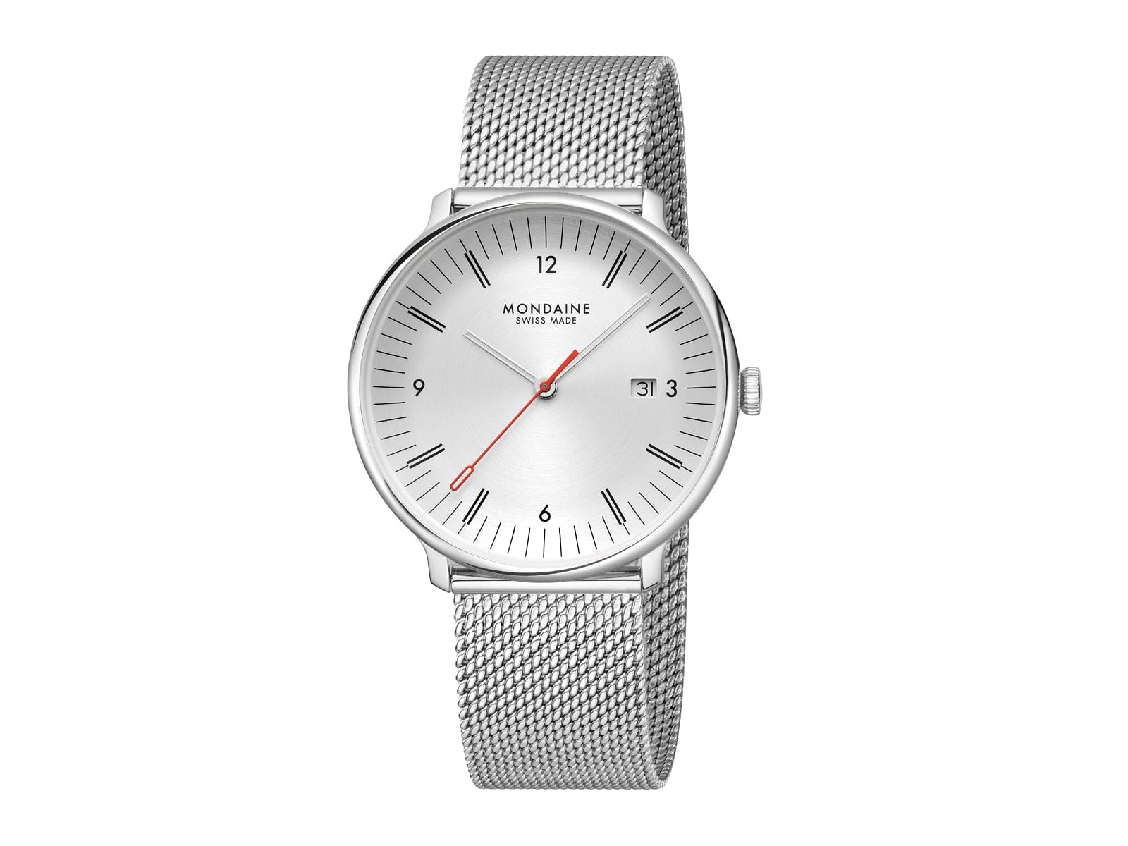 Elegante Mondaine Uhr MLE.41210.SM Doppio mit 41 mm Gehäuse, silbernem Zifferblatt, rotem Sekundenzeiger und einem glanzvollen Milanaise-Armband. Ideal für modische Akzente.