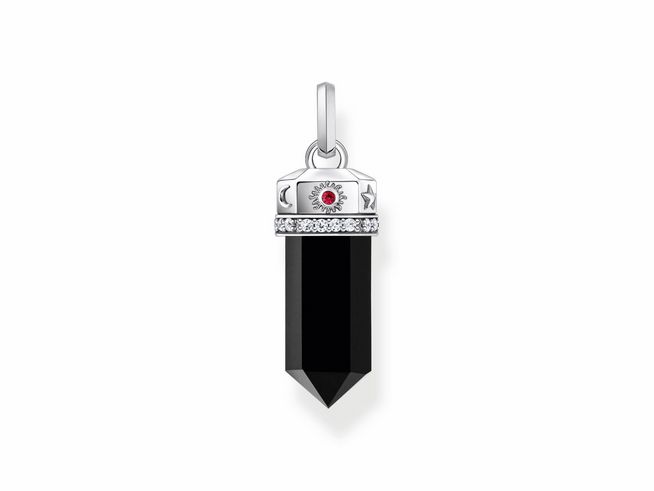 Der Thomas Sabo Anhänger PE955-641-11 zeigt einen schwarzen Onyx-Pendel mit silberner Verzierung und Zirkonia-Steinen, elegant und modern gestaltet, ideal für jeden Anlass.