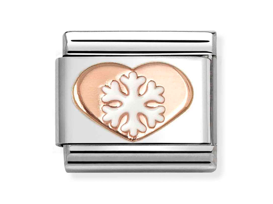 Charm von Pandora in Roségold und Emaille, Gestaltung mit einer weißen Schneeflocke auf einem Herz, ideal für Sammlerstücke und die neuesten Designs.