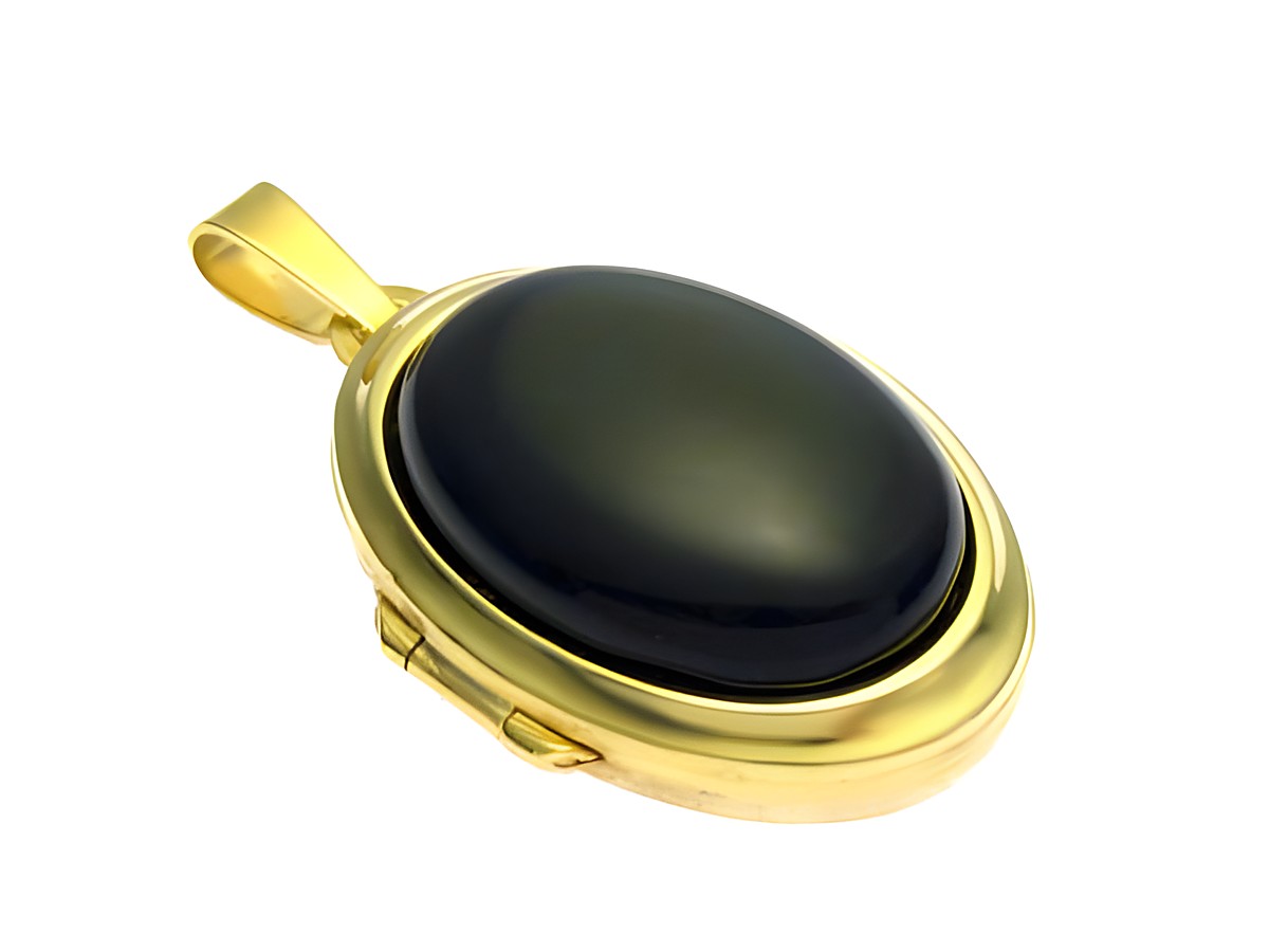 Regenbogen Obsidian Medaillon Cabochon in Gold 750, hergestellt von Juwelier Harnisch, hochwertiger Schmuck mit elegantem Design und attraktiver Oberfläche.