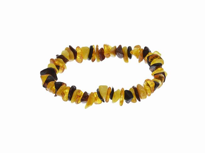 Bunt gefärbtes Baby Bernsteinarmband in Nuggetform mit einer Länge von 13,5 cm, hergestellt von Juwelier Harnisch, ideal für Baby Bernsteinketten.