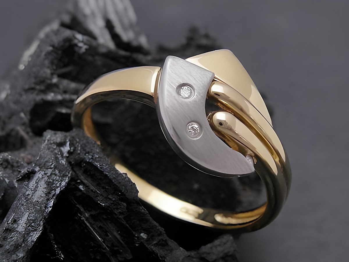 Gold Ring außergewöhnlich Gold 585 bicolor mit Brillant in Größe 55, Hersteller Juwelier Harnisch, bis Größe 56/18.
