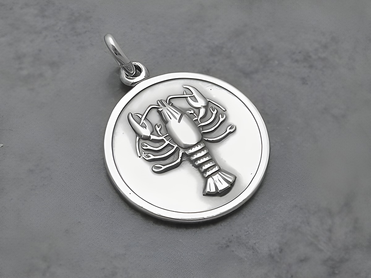 Silber geschwärzt Anhänger im runden Design mit dem Sternzeichen Krebs, gefertigt vom Juwelier Harnisch. Der Anhänger zeigt eine detaillierte Krebsdarstellung.