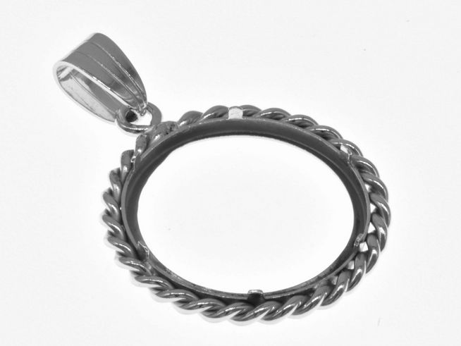 Münzfassung Anhänger aus 925 Sterling Silber rhodiniert, Durchmesser 21,2 mm, geeignet für Münzen bis 2,5 cm, mit Kordel und dekorativem, verdrehtem Design.
