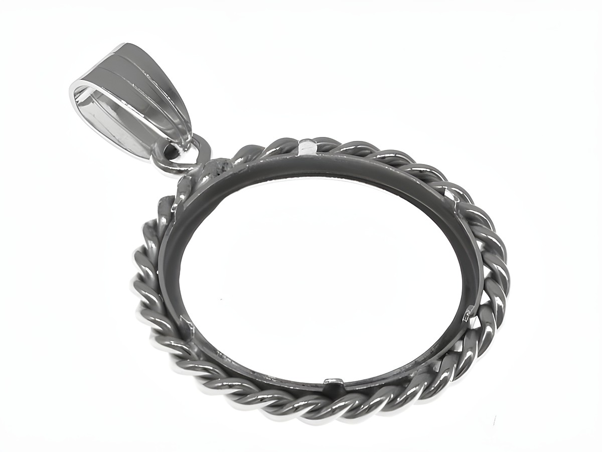 Münzfassung Anhänger aus 925 Sterling Silber rhodiniert, Durchmesser 21,2 mm, geeignet für Münzen bis 2,5 cm, mit Kordel und dekorativem, verdrehtem Design. – Ansicht 3