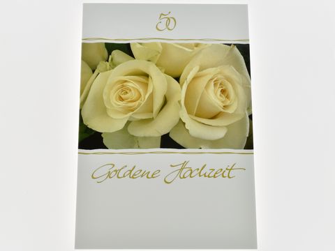 Hochzeitskarte mit goldener Schrift und dem Hinweis Goldene Hochzeit, verziert mit eleganten weißen Rosenblüten, Hersteller Juwelier Harnisch, ideal für Hochzeitsgäste.