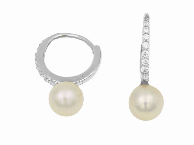 Creolen mit einer reinen Perle von 1,2 cm, gefertigt aus rhodiniertem Sterling Silber, verziert mit funkelnden Details, Hersteller Juwelier Harnisch, bis 15 mm.