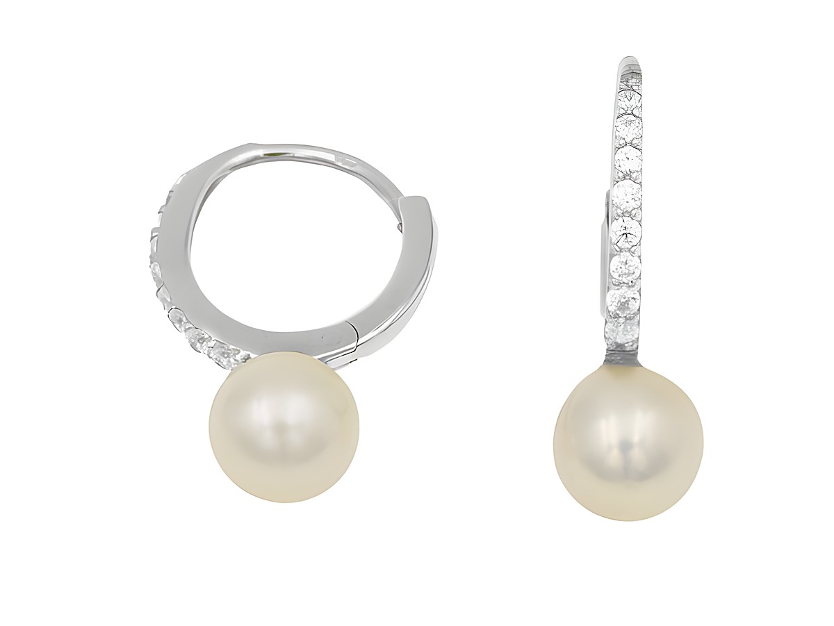 Creolen mit einer reinen Perle von 1,2 cm, gefertigt aus rhodiniertem Sterling Silber, verziert mit funkelnden Details, Hersteller Juwelier Harnisch, bis 15 mm.