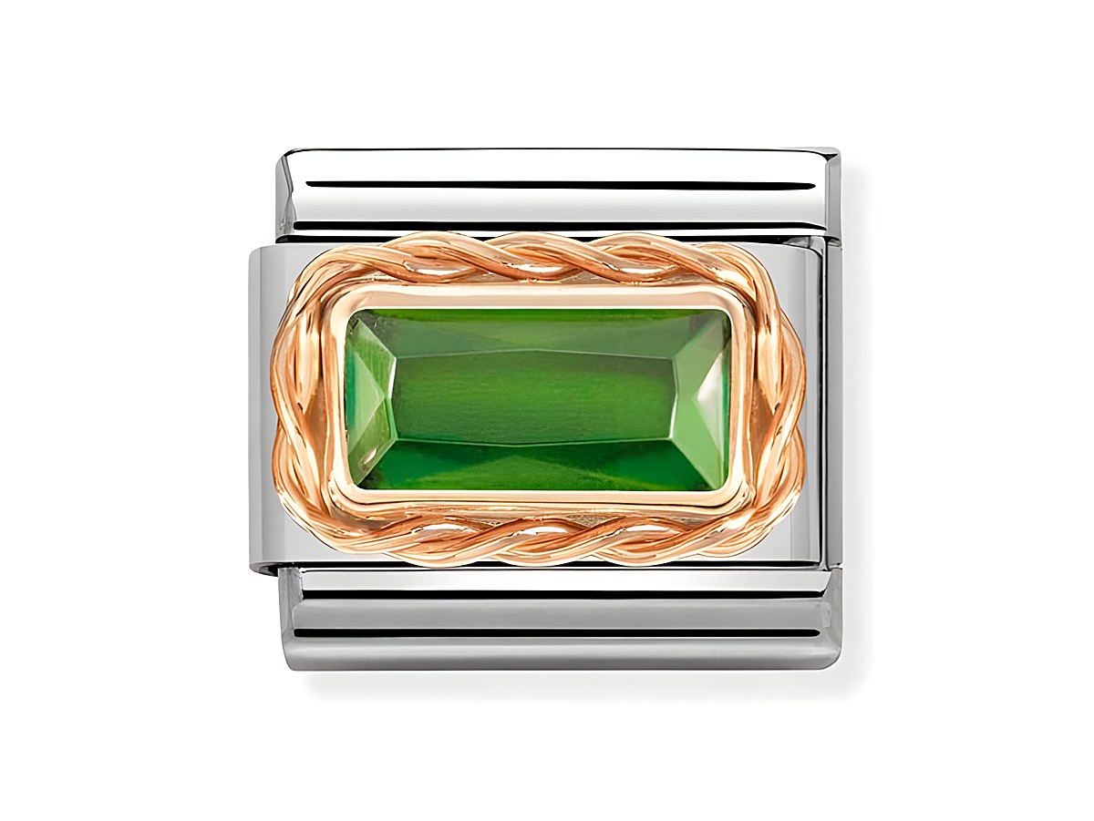 Roségoldene Edelstahl-Breite mit Zirkonia in Grün, umrahmt von einem geflochtenen Roségoldrahmen, elegant und modern gestaltet, ideal für stilvolle Armbänder.