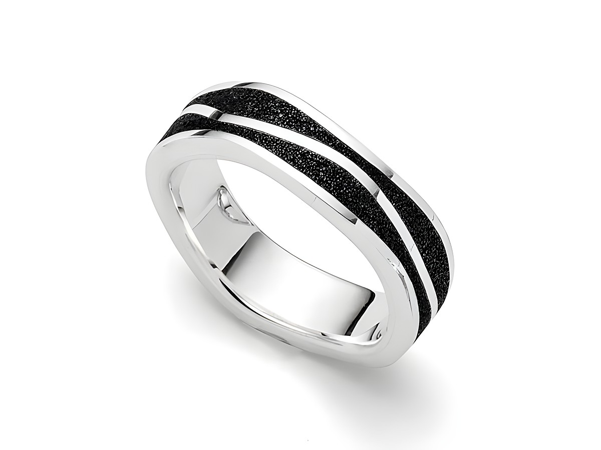 Ring aus Sterling Silber mit Lavasand in der Farbe Schwarz und zwei silbernen Streifen. Hersteller DUR, Größe 52, Modellnummer R5219.52. Modernes Design, elegant und stilvoll.