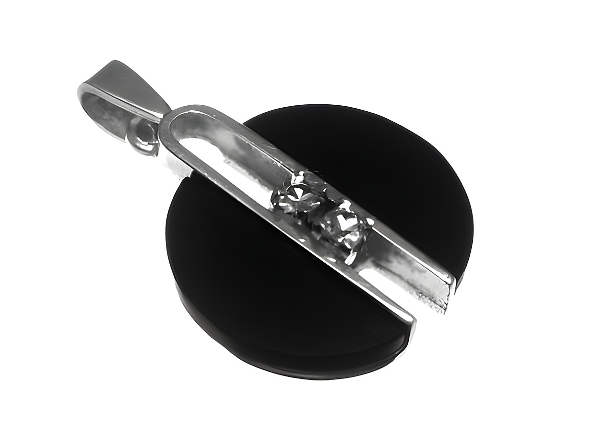 Rund Onyx Gold Anhänger in Weißgold mit einem Durchmesser von 20 mm, geschmückt mit einem eleganten Design und funkelnden Details, Hersteller Juwelier Harnisch.