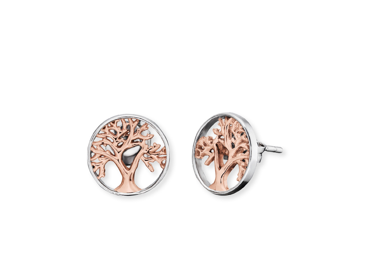 Bicolor Ohrringe von Engelsrufer in Roségold und Silber mit einem Lebensbaum-Motiv, Durchmesser 12 mm, elegantes und modernes Design. Perfekt für jeden Anlass.