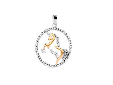 Einhorn Anhänger aus Silber rhodiniert mit Zirkonia in Weiß, bicolor Design. Das filigrane Einhorn ist in einen kreisförmigen Rahmen eingebettet. Hersteller: Juwelier Harnisch.