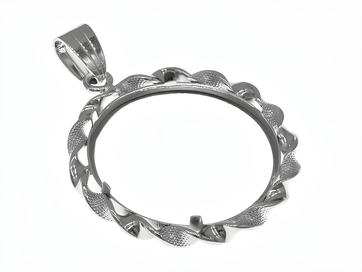 Münzfassung Anhänger aus rhodiniertem 925 Sterling Silber, geeignet für Münzen bis 26 mm Durchmesser, mit dekorativem Rand und Kordel, hergestellt von Juwelier Harnisch. – Ansicht 3