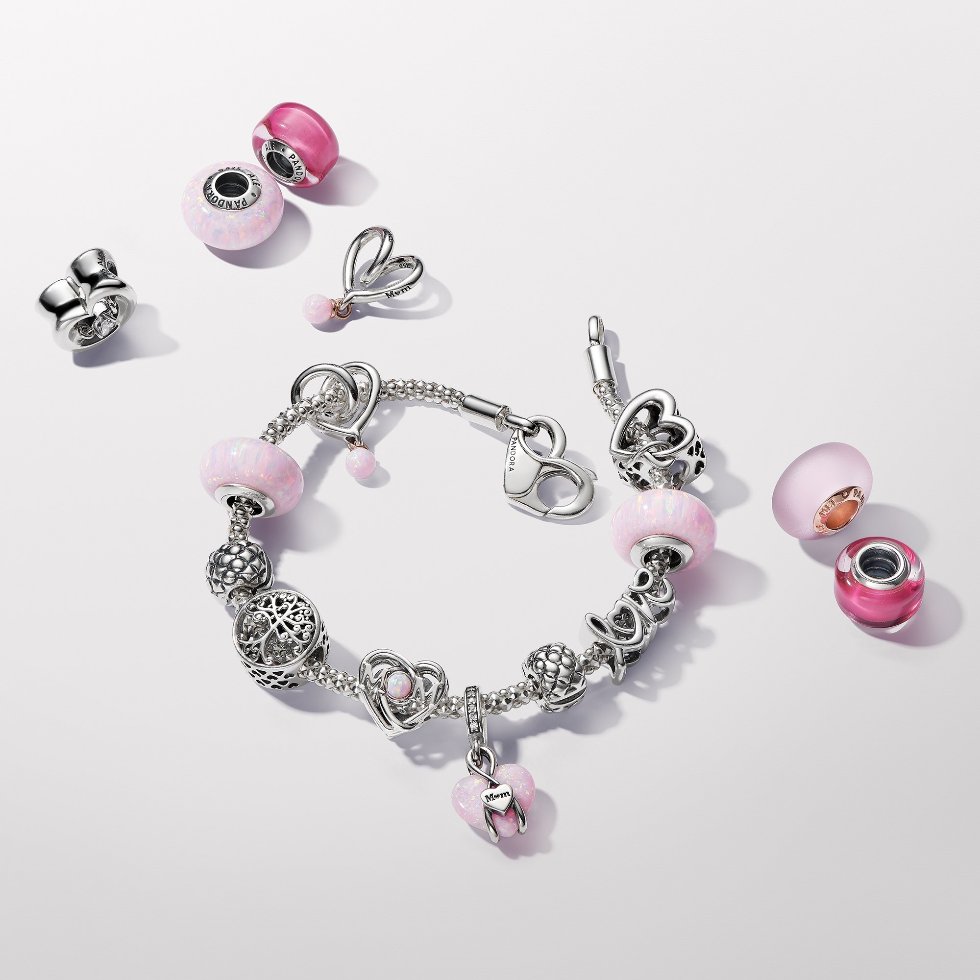 Pandora Bicolor Eingehülltes Herz Charm - Silber + Roségold Vergoldung - Synthetic Opal Pink – Ansicht 3
