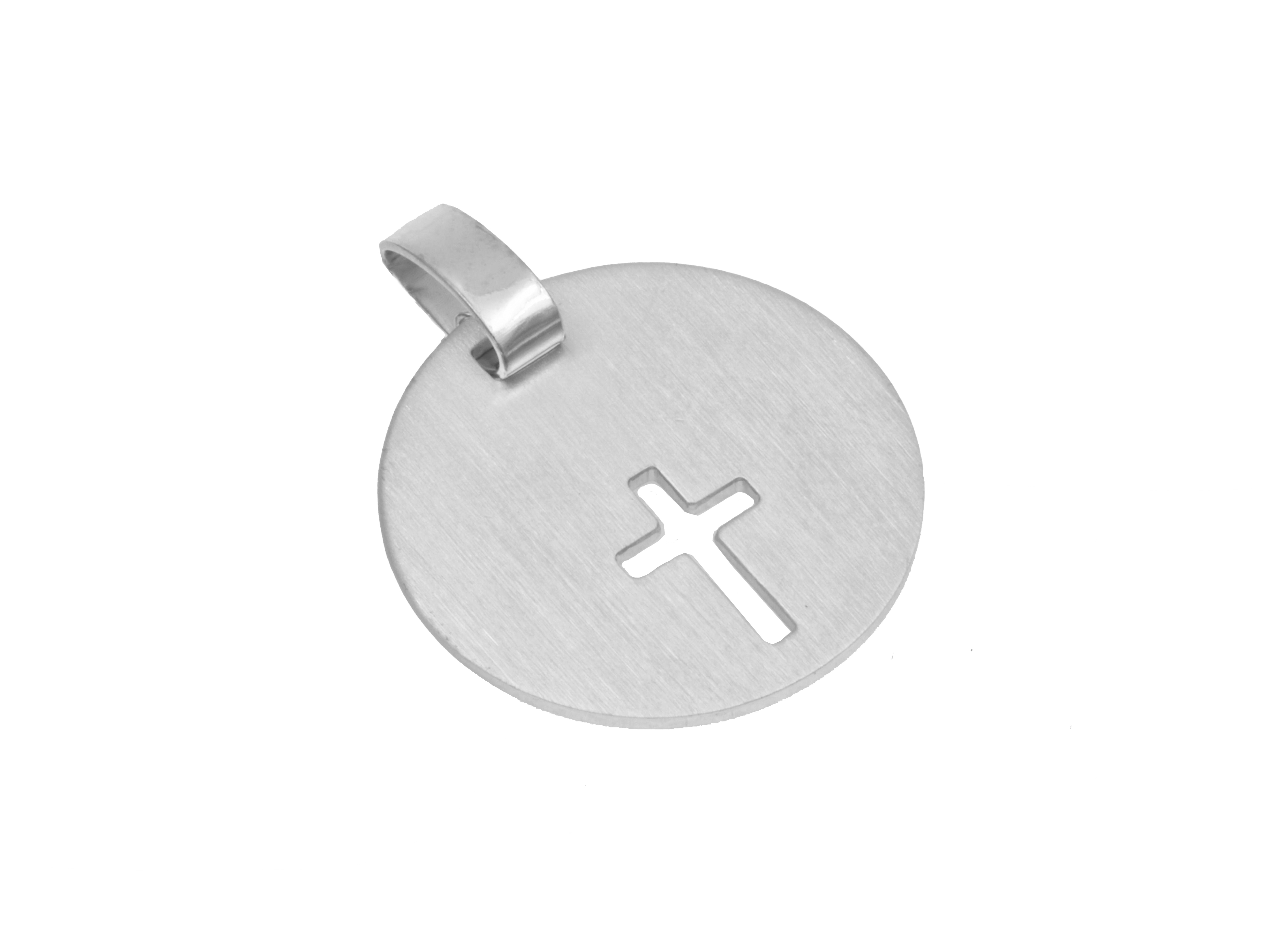 Anhänger aus Sterling Silber mit rhodinierten Oberflächen, runde Gravurplatte mit einem ausgeschnittenen Kreuz, Durchmesser 16 mm, Hersteller Juwelier Harnisch, Neuheit.