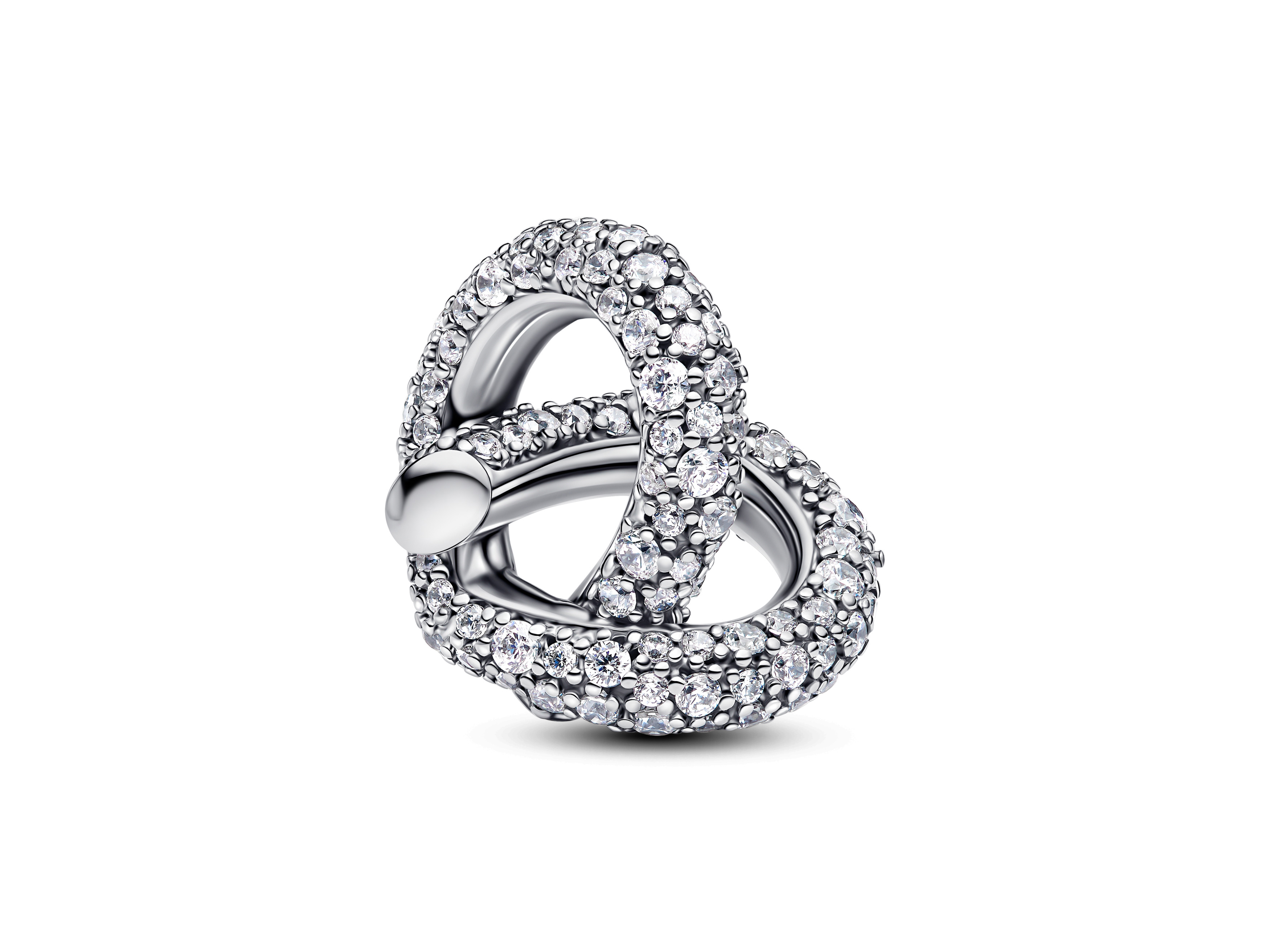 Pandora Charm in Form eines pavé besetzten Unendlichkeitsknotens in Herzform aus Sterling Silber mit Zirkonia, elegantes und feminines Design, ideal für persönliche Schmuckstücke.