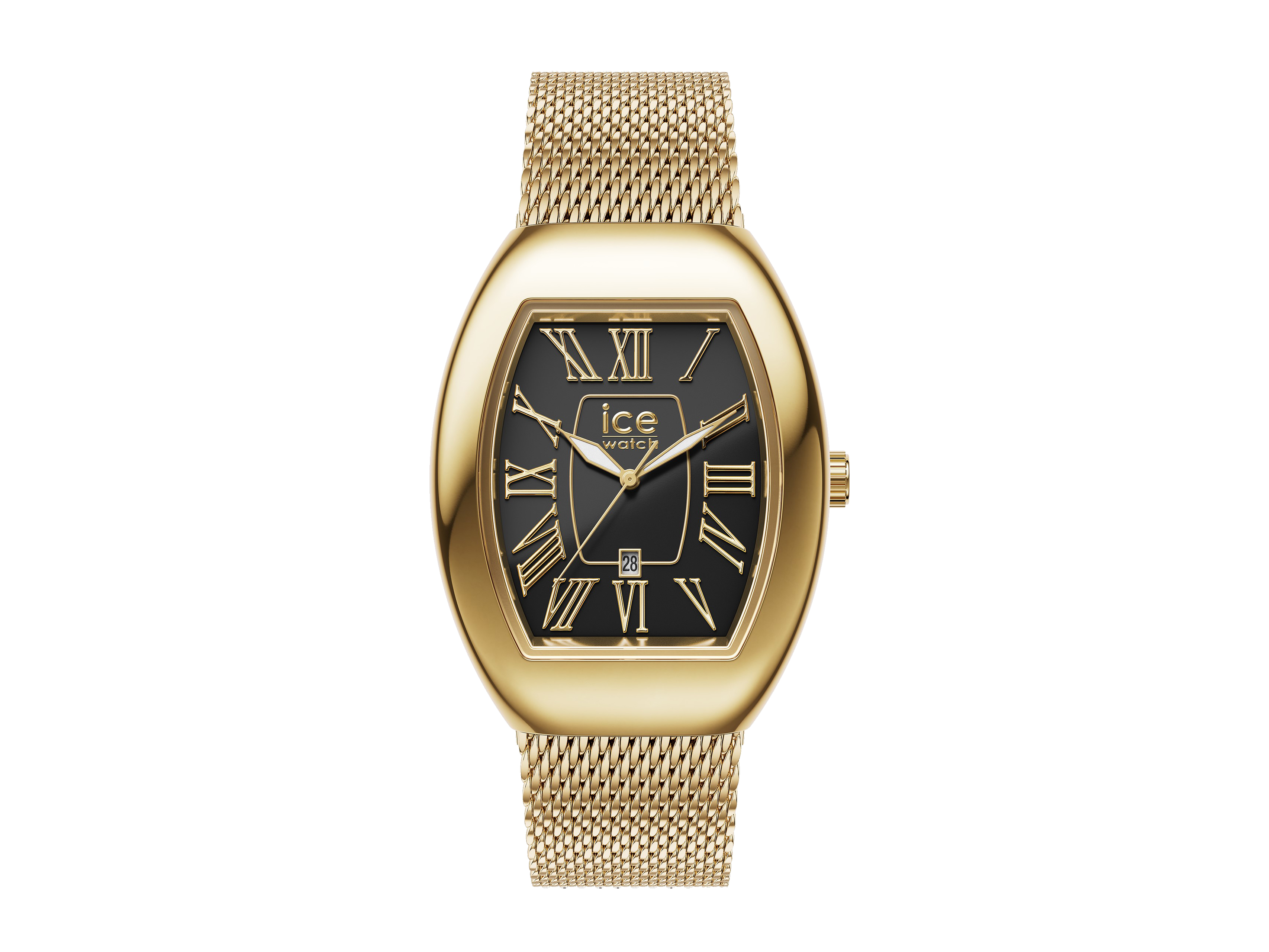Ice Watch 024486 ICE boliday Uhr in Gold und Schwarz, mit römischen Ziffern und einem eleganten Milanaise-Armband von Pandora, ideal für stilvolle Gelegenheiten.