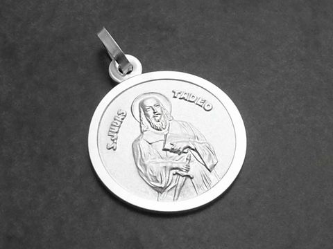 Sterling Silber Anhänger des Apostels Judas Thaddäus, geprägt mit seiner Abbildung und dem Text S. JUDA THADEO, ideal als Schutzpatron für persönlichen Schmuck.