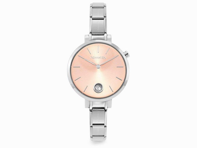 Die Nomination Classic 076033 27 TIME PARIS Uhr hat ein elegantes Ziffernblatt in Rosa und ein zeitloses Edelstahlarmband, ergänzt durch einen funkelnden Stein auf der Vorderseite.