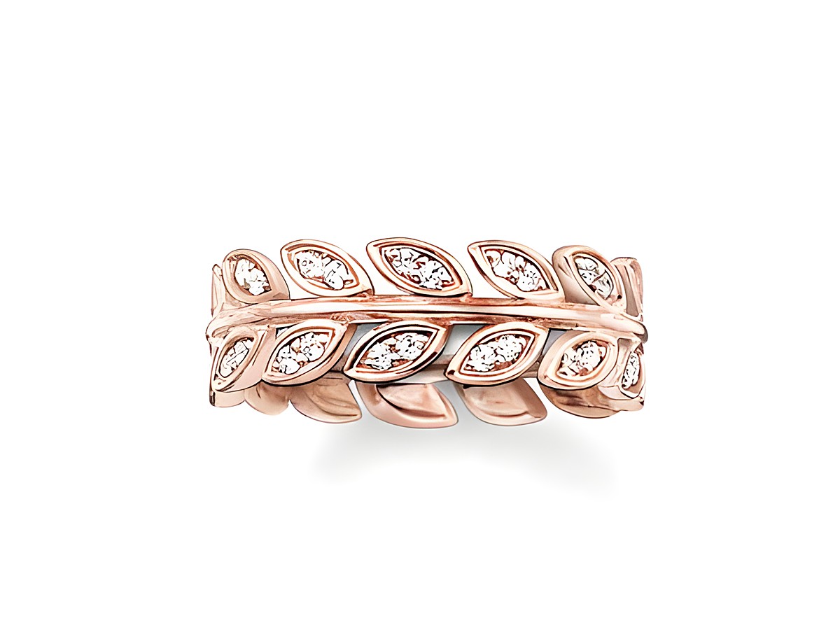 Blätter Ring aus Sterling Silber, vergoldet in Roségold, verziert mit weißen Zirkonia, Größe 54, von Thomas Sabo, elegantes und romantisches Design.