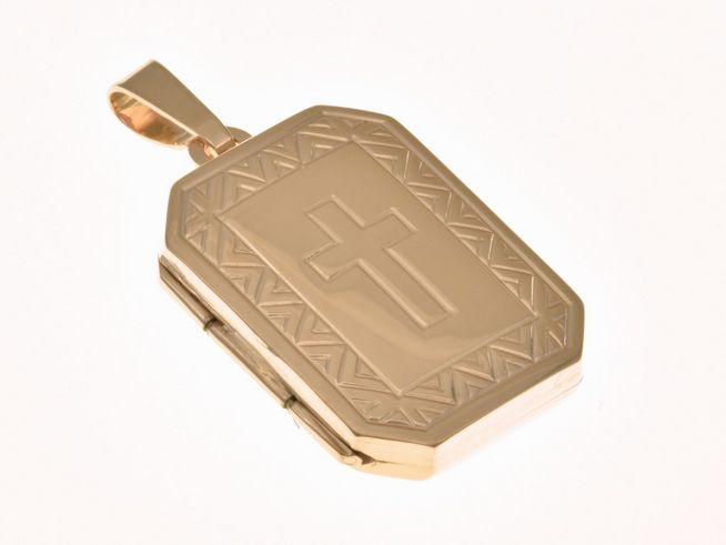 Medaillon rechteckig aus Sterling Silber in Roségold vergoldet teilmattiert mit eingeprägtem Kreuz, Hersteller: Juwelier Harnisch, eignet sich als elegantes Schmuckstück.