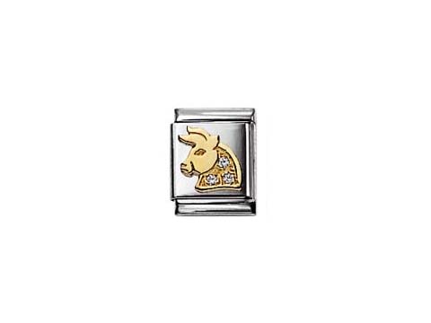 Ein Schmuckanhänger aus Edelstahl mit einem goldfarbenen Stierkopf und Zirkonia-Steinen, hergestellt von Nomination, symbolisiert das Sternzeichen Stier.