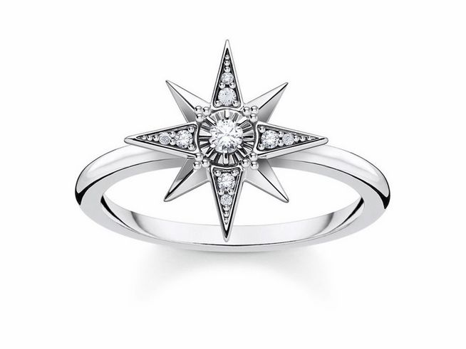Silberner Ring von Thomas Sabo mit einem funkelnden Silberstern und einem zentralen Stein, umgeben von kleineren Zirkonia, Größe 48, TR2299-643-14-48.
