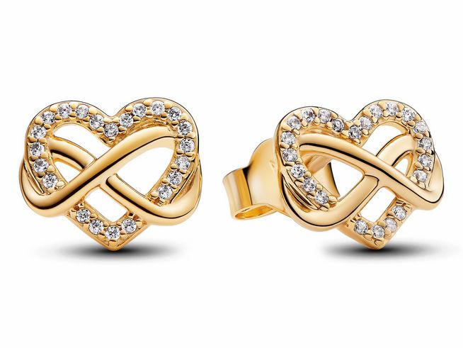 Funkelnde Ohrstecker in Herzform mit unendlichem Symbol aus gelbgold vergoldetem Material, verziert mit klaren Zirkonia-Steinen, von Pandora, Modell 262667C01.