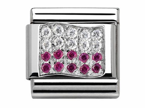 Armband-Brosche mit Zirkonia in klassischem Silberdesign, das die Flagge Polens stilisiert darstellt. Funkelnde rote und klare Steine erzeugen einen eleganten Look.