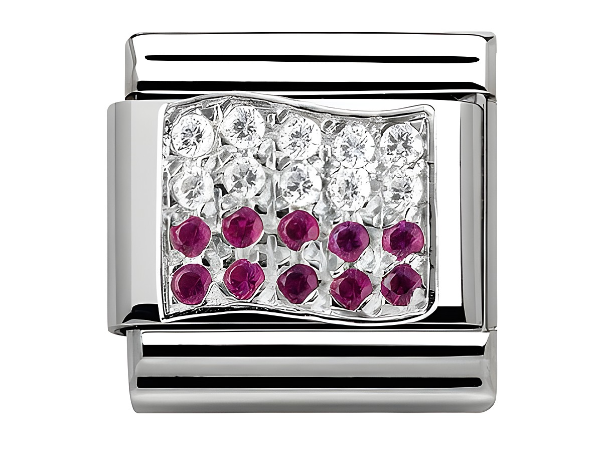 Armband-Brosche mit Zirkonia in klassischem Silberdesign, das die Flagge Polens stilisiert darstellt. Funkelnde rote und klare Steine erzeugen einen eleganten Look.