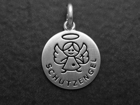 Schutzengel Sterling Silber Anhänger mattiert süss, mit einem stilisierten Engel und dem Schriftzug Schutzengel, Hersteller Juwelier Harnisch.