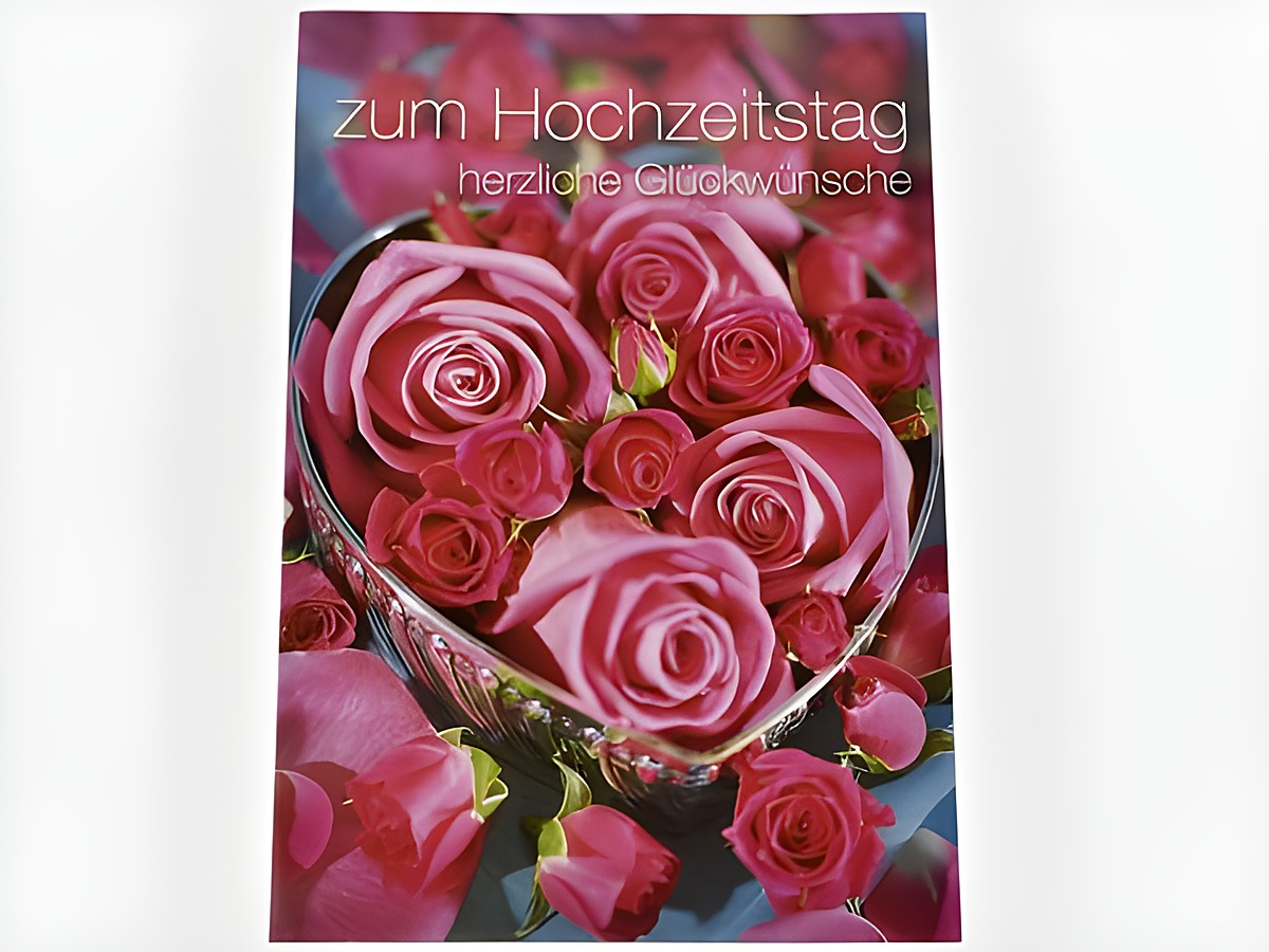 Hochzeitskarte mit Rosen in einem Herz, darüber steht zum Hochzeitstag, herzliche Glückwünsche, Hersteller Juwelier Harnisch, ideal für Hochzeitskarten.