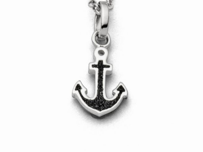 Kette aus Sterling Silber mit einem Anhänger in Form eines Ankers, verziert mit schwarzem Glamour, Teil der DUR Kette Hoffnung 2.0, Länge 45cm, Hersteller DUR.