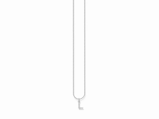 Silberne Kette von Thomas Sabo mit einem Buchstaben L aus Zirkonia, Länge von 38 bis 45 cm, elegant und funkelnd, ideal für persönliche Akzente.