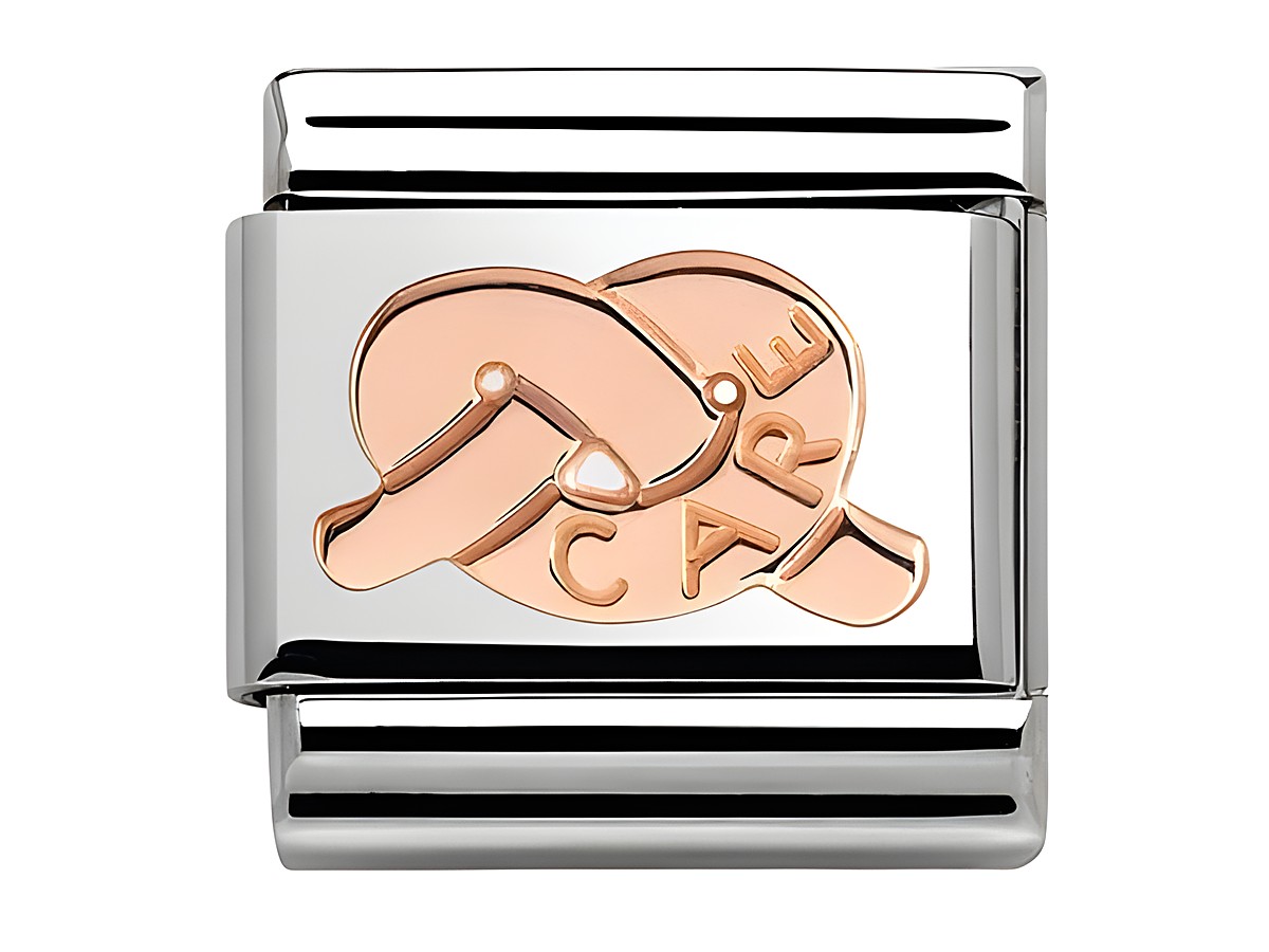 Nomination 430101 23 Classic Knoten CARE Roségold PLATTE zeigt ein elegantes Charm mit einem Knoten und der eingravierten Aufschrift CARE in Roségold und Edelstahl.