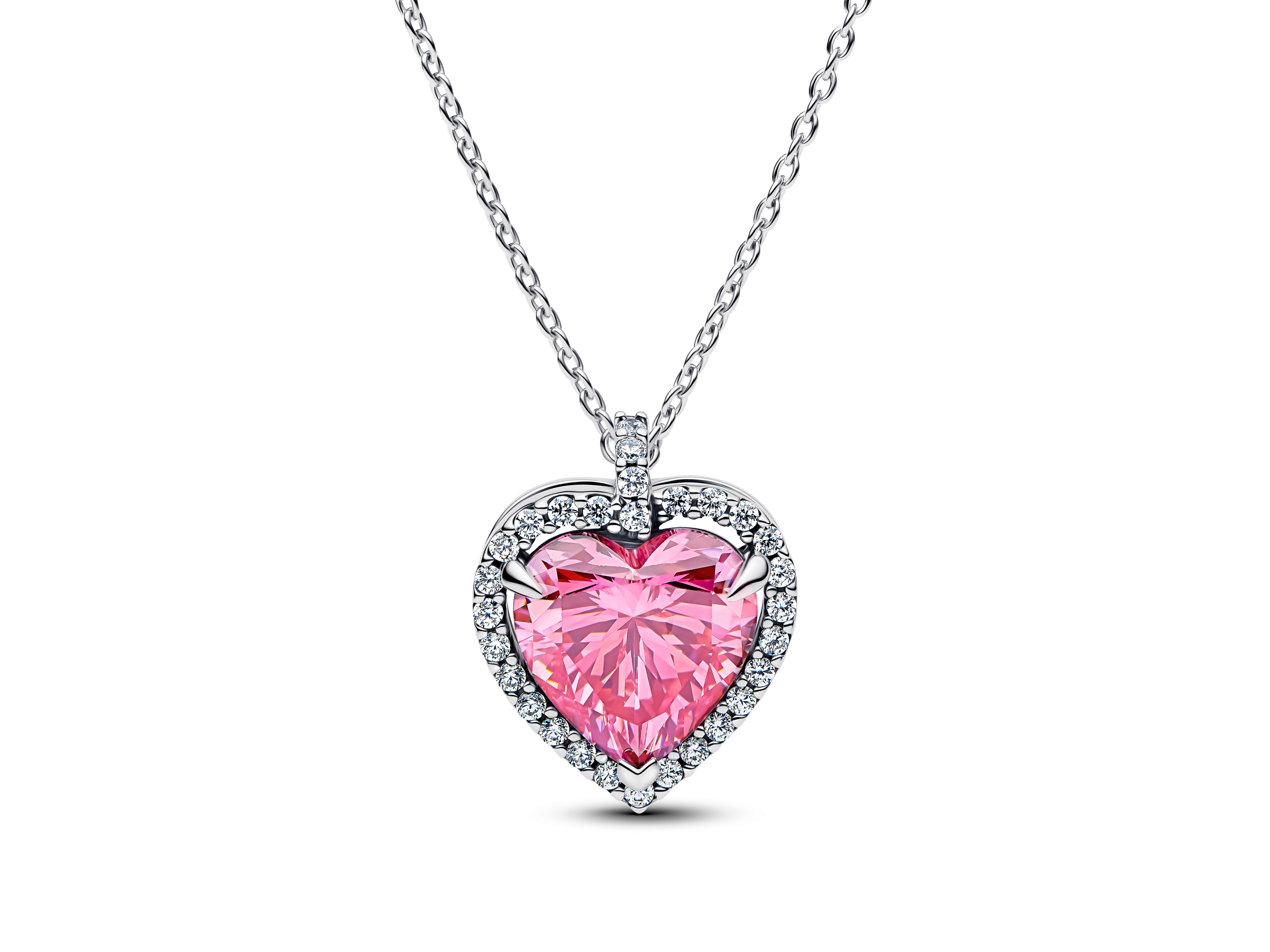Pandora 394414C01-45 rosafarbenes Strahlenkranz Herz Collier Halskette aus Silber mit Zirkonia in Pink, 45 cm lang, elegant und exquisit für besondere Anlässe.