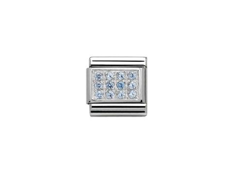433030705-0 Zirkonia Charm in Hellblau von Nomination SilverShine, rechteckige Form mit funkelnden Zirkonia-Steinen, perfekt für die individuelle Gestaltung von Armbändern.