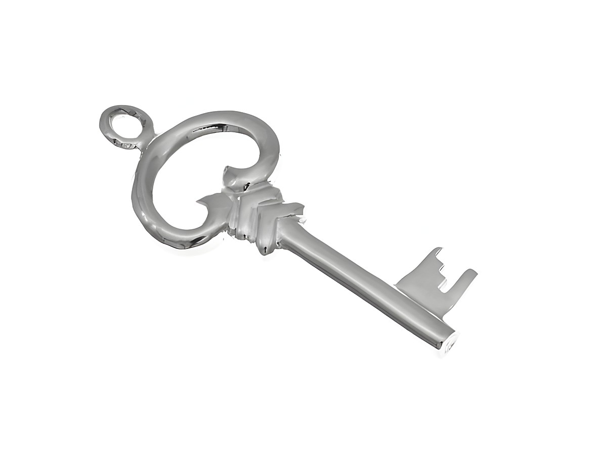 Schlüssel Anhänger aus Sterling Silber, nostalgisches Design, ovaler Hersteller: Juwelier Harnisch, detaillierte Darstellung eines vintage Schlüssels.