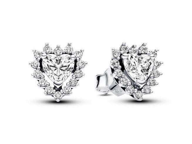 Funkelnde Herz-Strahlenkranz Ohrstecker aus Sterling Silber mit klaren Zirkonia, umrahmt von einem glitzernden Ring aus kleinen Zirkonia, elegant und zeitlos.
