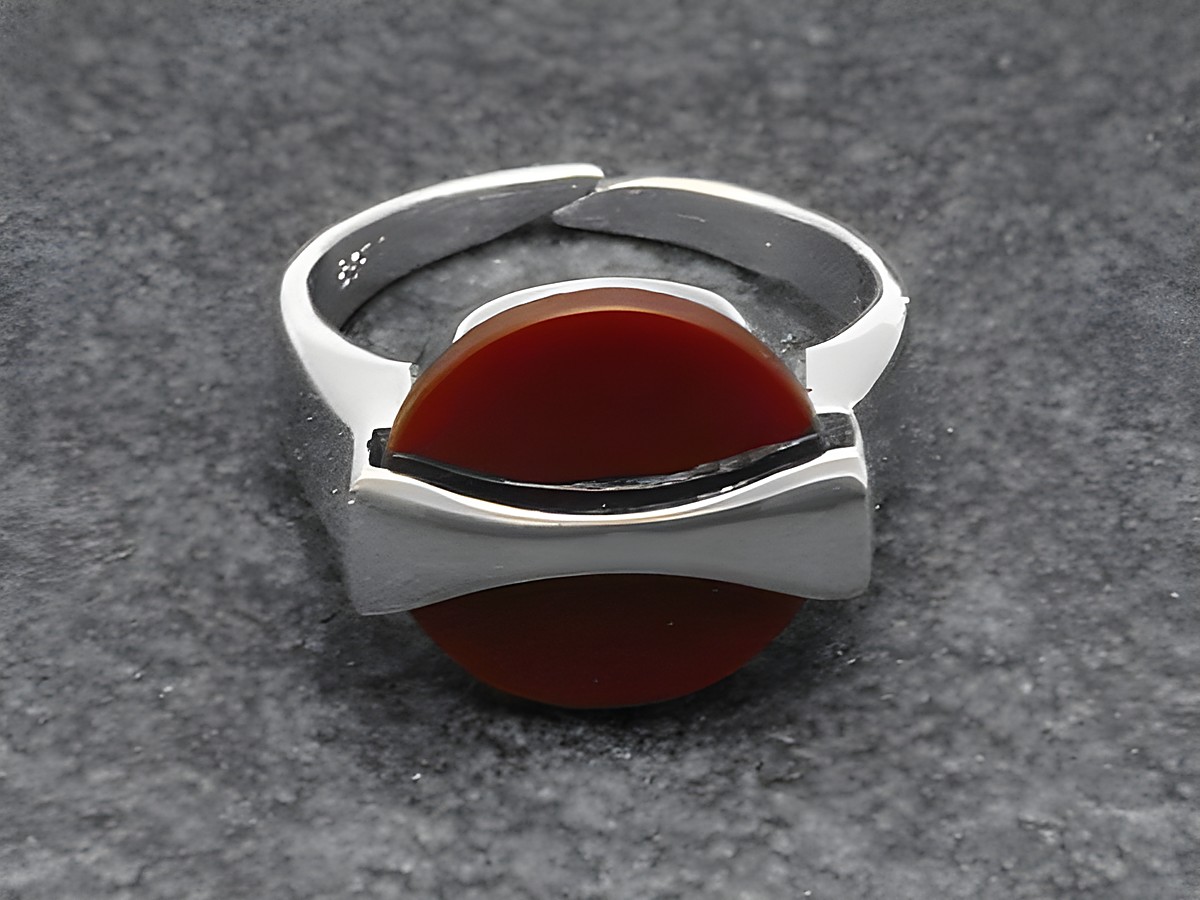 Silberring mit verstellbarem Design, ausgestattet mit einem runden Karneolstein, rhodiniert, eleganter Look, ideal für jeden Anlass. Schmuckstück vom Juwelier Harnisch.
