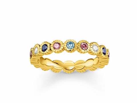 Goldener Ring mit bunten, facettierten Steinen in verschiedenen Farben, Modell Glam & Soul von Thomas Sabo, Größe 48, Artikelnummer TR2225-959-7-48.