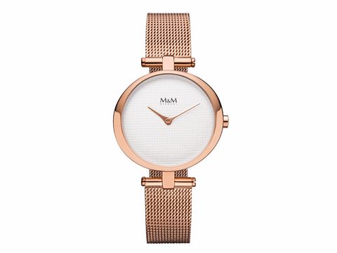 200046-0 Elegante M&M Damenuhr M11931-991 Ring-O mit Milanaiseband, rosegoldenem Gehäuse und schlichtem Ziffernblatt in Weiß, ideal für einen stilvollen Auftritt.